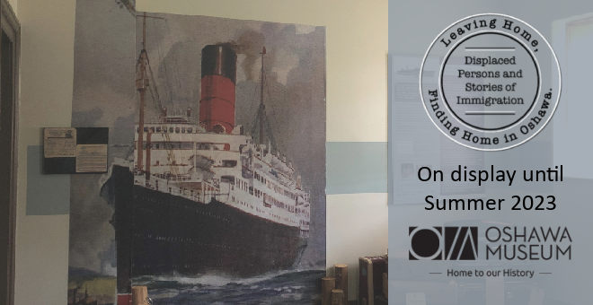 Colour photograph of a ship with an exhibit logo on the right