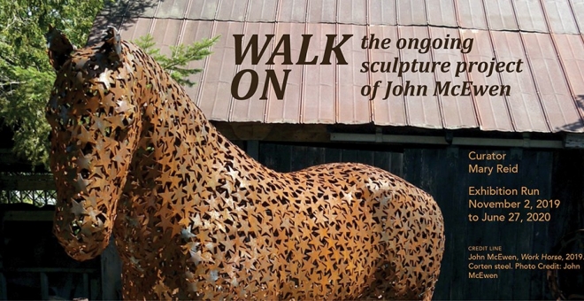 A life-size sculpture of a Clydesdale horse with the text Walk On: the ongoing sculpture project of John McEwen
