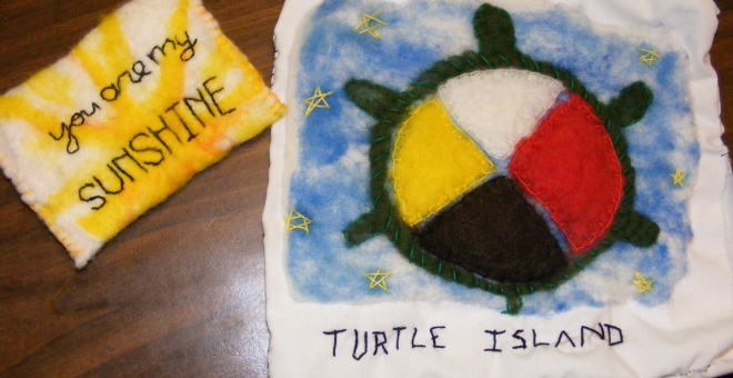Examples of wet felting, your are my sunshine and turtle island