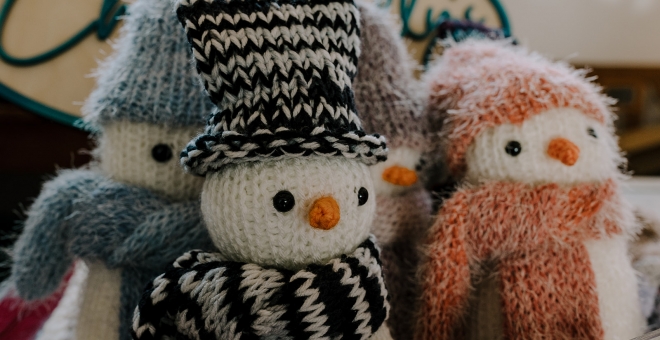 Handmade yarn snowmen