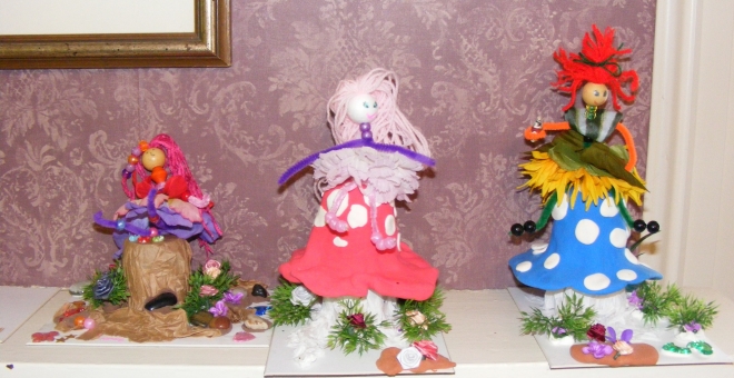 Three Woodland Fairies made from pipecleaners , model magic and other materials