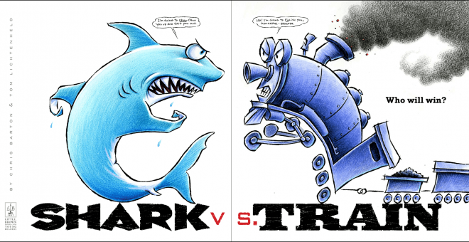 A shark and a train are angrily positioned face to face